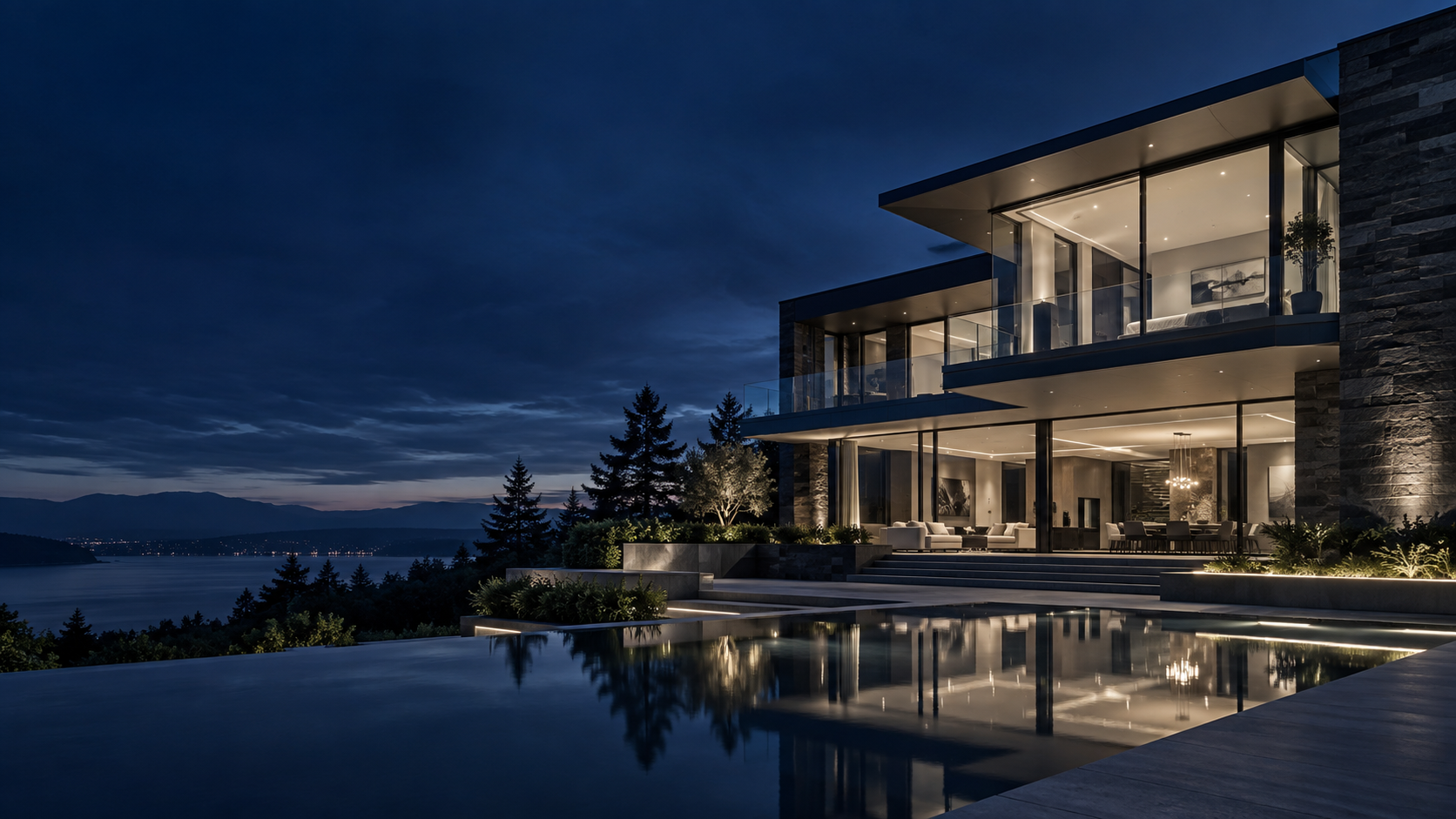 Architectural illustration of a contemporary home in a navy and gold evening setting